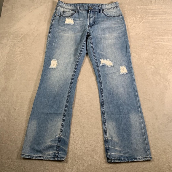 Buffalo David Bitton Jeans Mens 33x31 Light Wash Blue Driven Straight Distressed - Picture 1 of 15